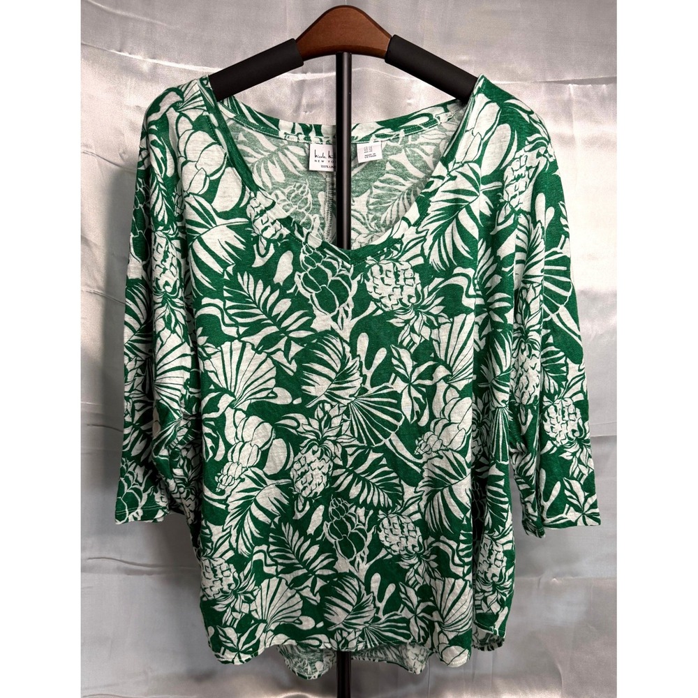 Nicole Miller New York Tropical Linen Blouse Womens 1X Green Resort Casual Boho